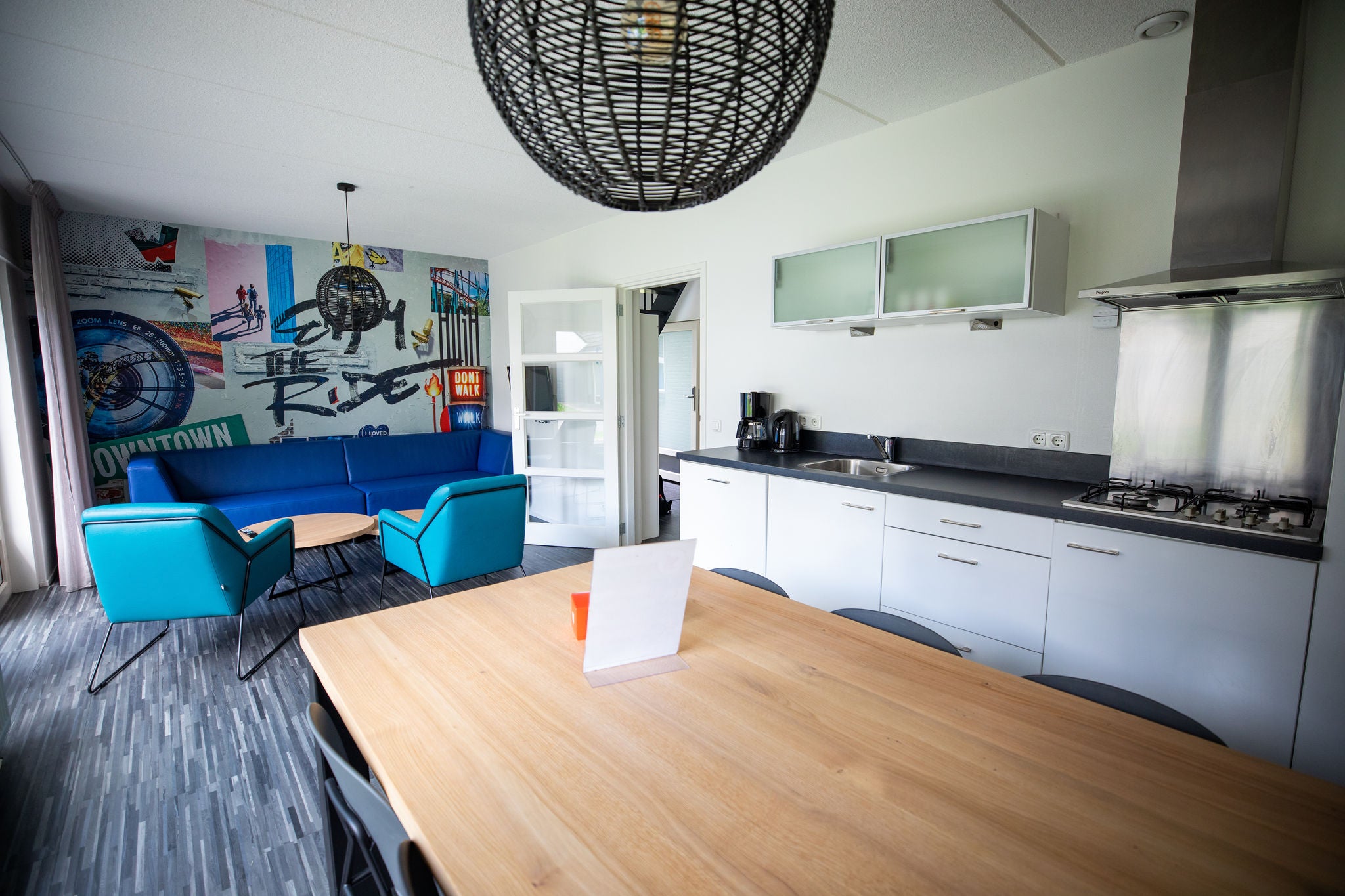 The kitchen and living room of the 8-person cottage.